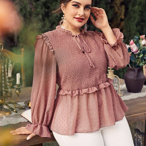 SHEIN Tops - SHEIN Plus Chiffon Swiss Dot Babydoll Blouse Pink